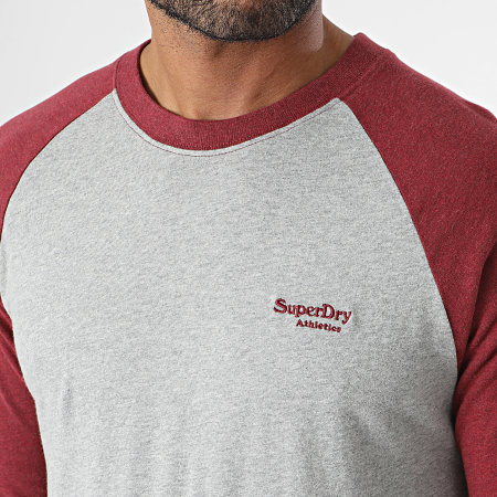 Superdry - Tee Shirt Raglan Essential Logo Baseball Gris Chiné Bordeaux