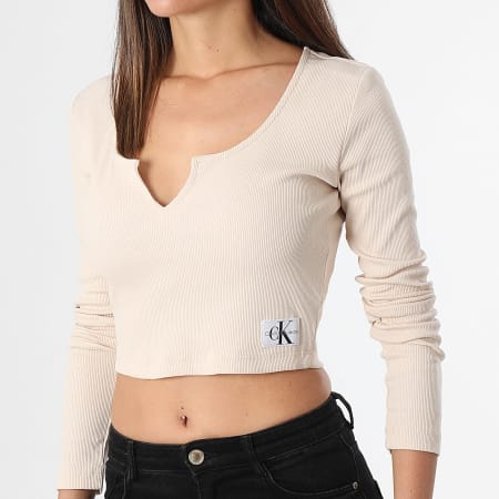 Calvin Klein - Tee Shirt Manches Longues Crop Femme 2025 Beige