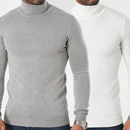 John H - Lot De 2 Pulls Col Roulé Gris Blanc