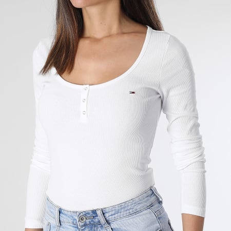 Tommy Jeans - Camiseta de manga larga con botones para mujer 7390 Blanco