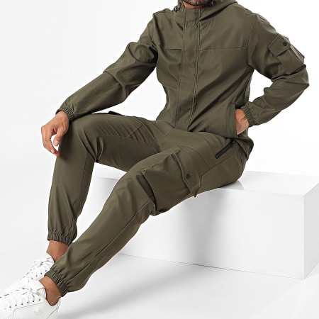 Classic Series - Set giacca con zip e pantaloni cargo verde kaki con cappuccio