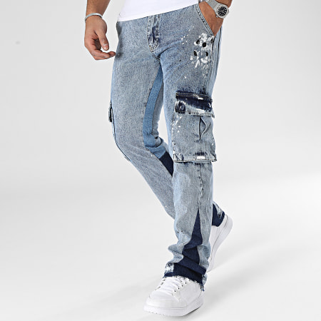 2Y Premium - Pantalon Cargo Jean Flare Bleu Denim