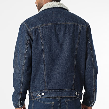 Schott NYC - Giacca jeans in denim blu con colletto in pelle di pecora Sherpa