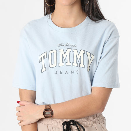 Tommy Jeans - Camiseta de mujer Varsity Lux 7375 Cuello redondo Azul claro