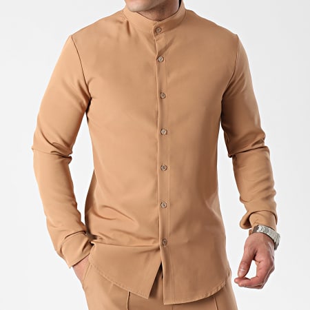 Frilivin - Conjunto de camisa de manga larga y pantalón camel