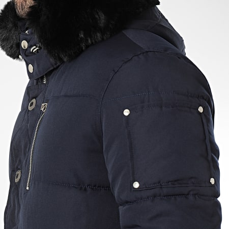 Frilivin - Cappotto con cappuccio in pelliccia blu navy