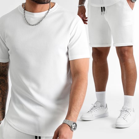 LBO - Waffle 0819 Set composto da maglietta oversize bianca e pantaloncini da jogging testurizzati