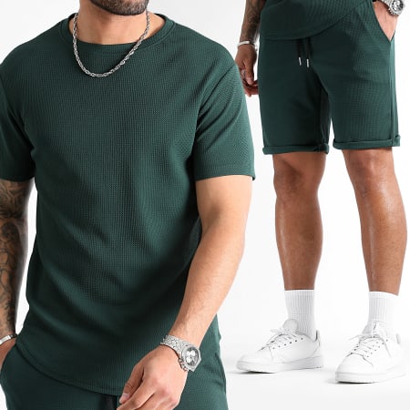 LBO - Maglietta oversize e set di pantaloncini da jogging testurizzati Waffle 0822 verde bottiglia