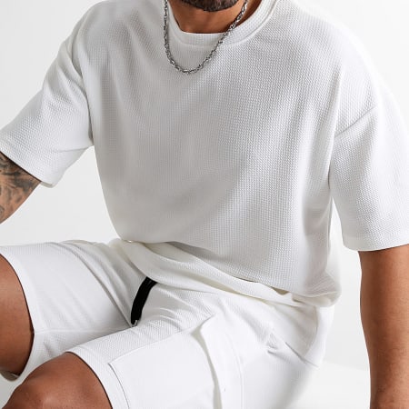 LBO - Conjunto de camiseta grande con textura Waffle y pantalón corto Cargo 0823 Blanco