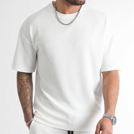 LBO - Set di maglietta grande con texture waffle e pantaloncini cargo 0823 bianco
