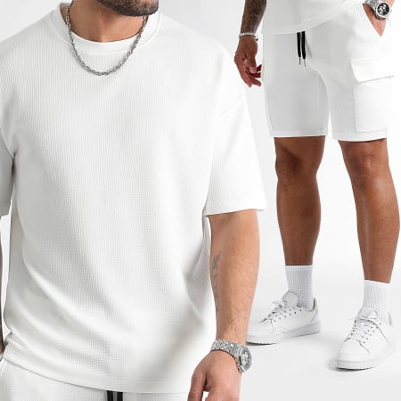 LBO - Set di maglietta grande con texture waffle e pantaloncini cargo 0823 bianco
