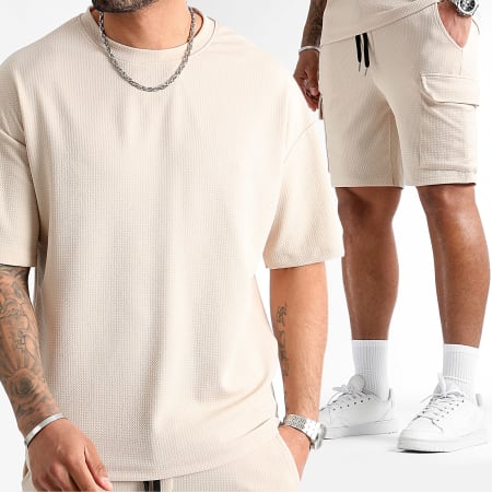 LBO - Conjunto de camiseta grande con textura gofre y pantalón corto cargo 0825 Beige claro