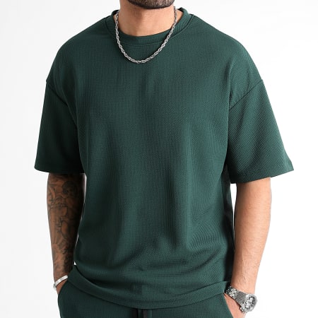 LBO - Set di maglietta grande con texture Waffle e pantaloncini cargo 0827 verde bottiglia