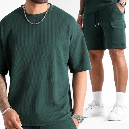 LBO - Set di maglietta grande con texture Waffle e pantaloncini cargo 0827 verde bottiglia