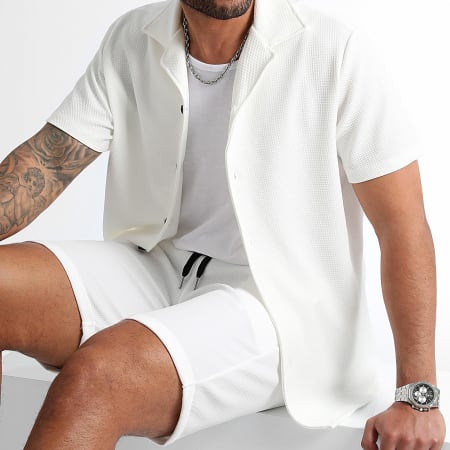 LBO - Camisa de manga corta con textura gofre y pantalón corto de jogging 0828 Blanco