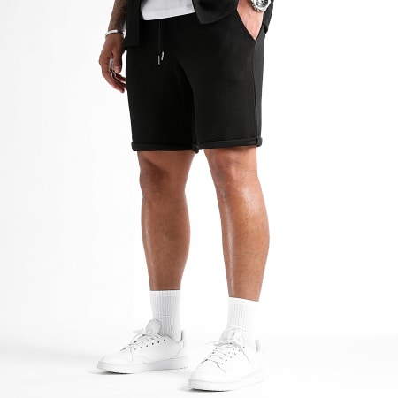 LBO - Waffle 0829 Set di camicia a maniche corte e pantaloncini da jogging con texture nera