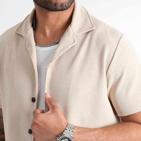 LBO - Conjunto de camisa de manga corta con textura gofre y pantalón corto de jogging 0830 Beige claro