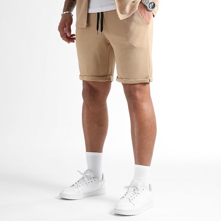 LBO - Camicia a maniche corte e pantaloncini da jogging con texture Waffle 0831 Beige