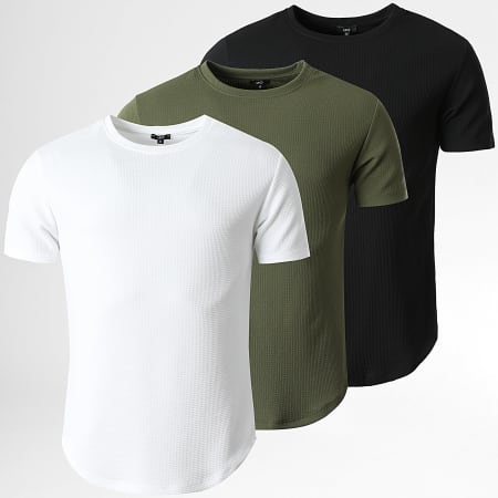 LBO - Set di 3 magliette testurizzate Waffle 0841 Nero Verde Khaki Bianco