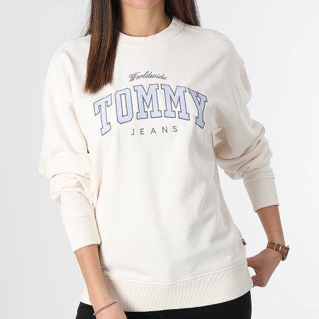 Tommy Jeans - Sudadera Varsity Luxe de cuello redondo para mujer 7339 Beige