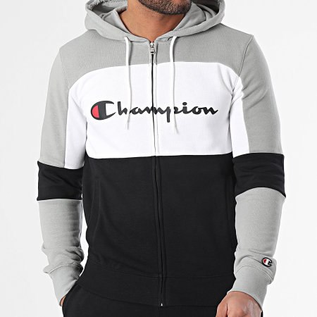 Champion - Felpa con cappuccio e zip e pantaloni da jogging 219943 Set nero bianco grigio