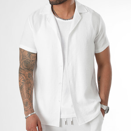 LBO - Conjunto de camisa de manga corta y pantalón corto efecto lino 0801 Blanco