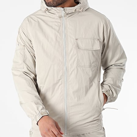 Frilivin - Conjunto de chaqueta con capucha y cremallera y pantalón cargo beige