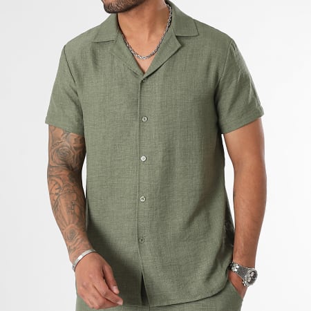 LBO - Camisa de manga corta y pantalón corto efecto lino 0918 Caqui Verde Calentado