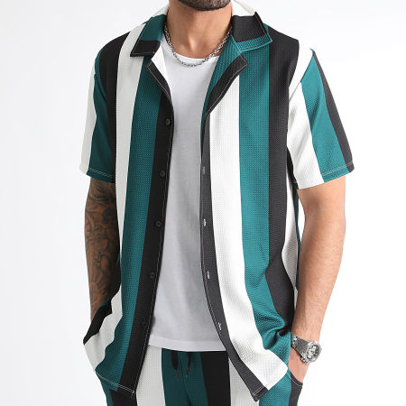 LBO - Conjunto de camisa de manga corta y pantalón corto a rayas 0920 Negro Blanco Verde
