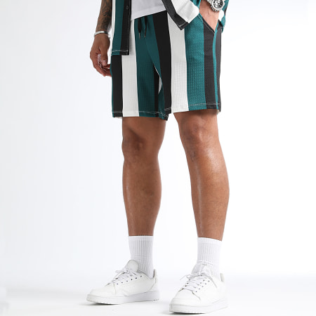 LBO - Conjunto de camisa de manga corta y pantalón corto a rayas 0920 Negro Blanco Verde