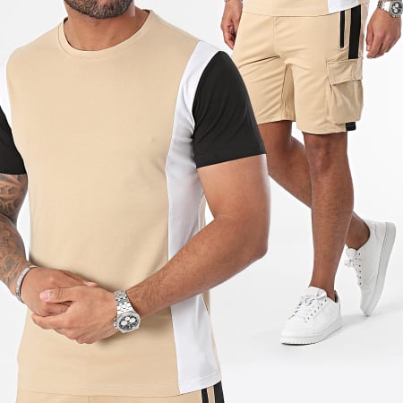 Zayne Paris  - Ensemble Tee Shirt Et Short Jogging A Bandes Beige