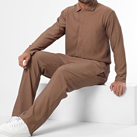 Ikao - Conjunto marrón de camisa de manga larga y pantalón