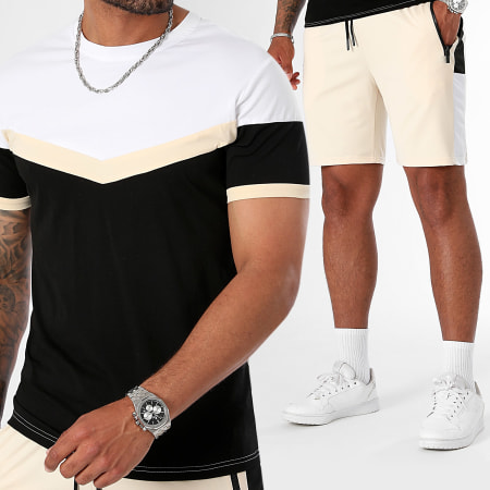 LBO - 0158 Negro Blanco Beige Tee Shirt Y Jogging Shorts Set