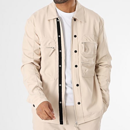 2Y Premium - Conjunto de chaqueta con cremallera y pantalón cargo beige