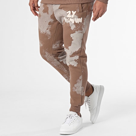 2Y Premium - Set di felpa con girocollo e pantaloni da jogging marrone e beige