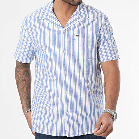 Tommy Jeans - Chemise Manches Courtes Rayée Regular Stripe Linen Bleu Blanc