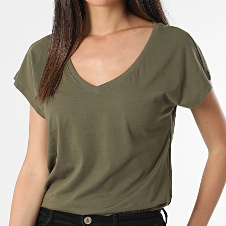 Only - Tee Shirt Col V Femme Winnie Vert Kaki