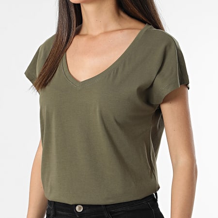 Only - Tee Shirt Col V Femme Winnie Vert Kaki
