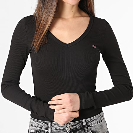 Tommy Jeans - Camiseta negra de manga larga y cuello en V para mujer Essential 7990