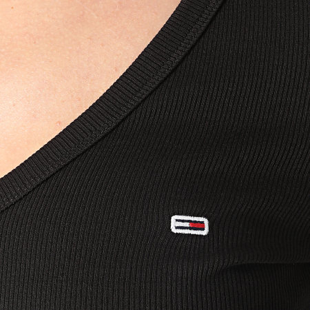 Tommy Jeans - Camiseta negra de manga larga y cuello en V para mujer Essential 7990