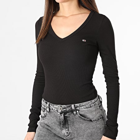 Tommy Jeans - Maglietta donna Essential 7990 nera a maniche lunghe con scollo a V