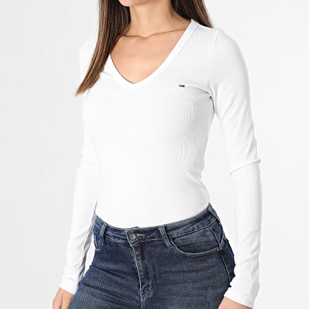 Tommy Jeans - Tee Shirt Manches Longues Col V Slim Femme Essential 7990 Blanc
