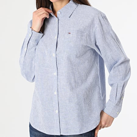 Tommy Jeans - Camisa de rayas de manga larga para mujer Boxy Stripe Linen 7737 White Royal Blue