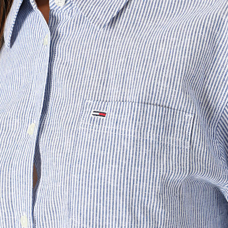Tommy Jeans - Camicia donna a righe a maniche lunghe Boxy Stripe Linen 7737 Bianco Blu Reale
