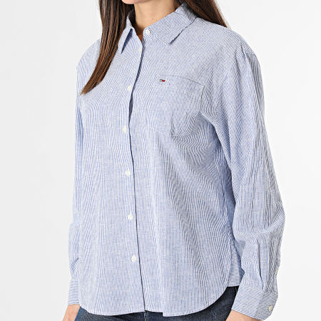 Tommy Jeans - Camicia donna a righe a maniche lunghe Boxy Stripe Linen 7737 Bianco Blu Reale