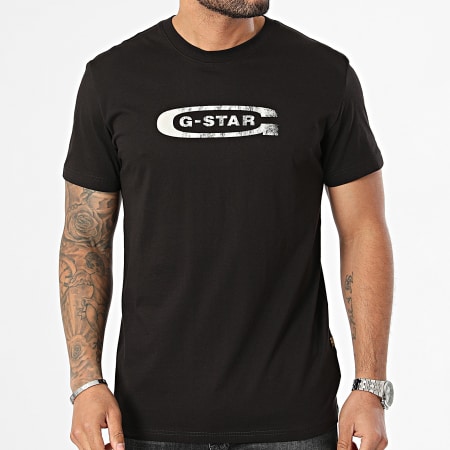 G-Star - Maglietta con logo Old School D24365-336 nero, con segni di usura