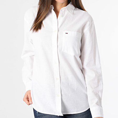 Tommy Jeans - Camicia da donna a maniche lunghe in misto lino solido 7735 Bianco