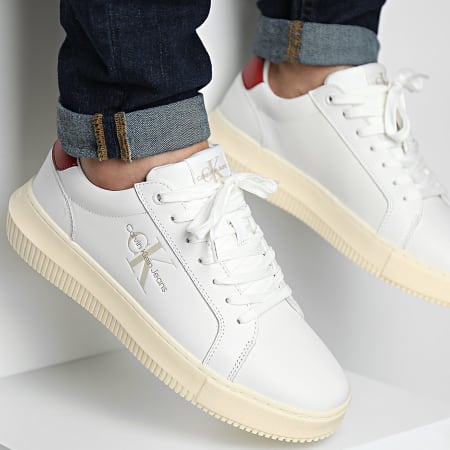 Calvin Klein - Chunky Supsole Mono Leather 0068 Blanco Brillante Blanco Cremoso Granate Sneakers