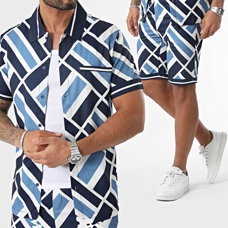 Frilivin - Set camicia a maniche corte e pantaloncini da jogging Bianco Blu