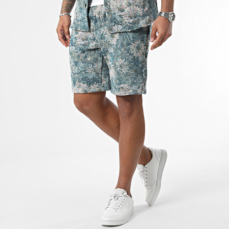 Frilivin - Set camicia a maniche corte e pantaloncini da jogging blu e bianchi